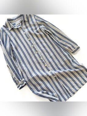 Haris Cotton Dress Womens Small 100% Linen Blue White Striped Shirtdress